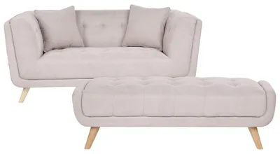 Produktbild von BELIANI 2-Sitzer Sofa mit Ottomane Taupe Stoff Gepolstert Gesteppt Breite Armlehnen Hohe Holzbeine Freistehend Modernes Retro Design für Wohnzimmer