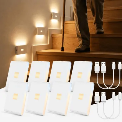 Produktbild von 8x LED Nachtlicht mit Bewegungsmelder und Dämmerungssensor, USB-C (3000mAh), kabellose Schrankbeleuchtung, für Kinderzimmer, Treppe, Schlafzimmer,Flur