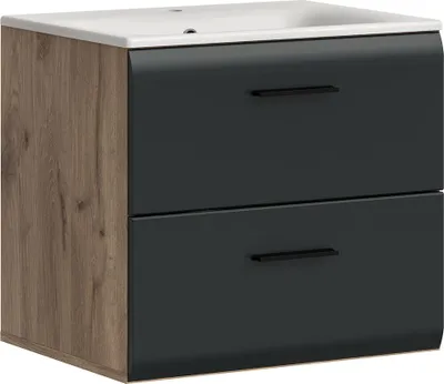 Produktbild von Badezimmer Waschtisch mit 60 cm Breite in Eiche mit schwarz matt, 2 Schubladen - IGGESUND-158