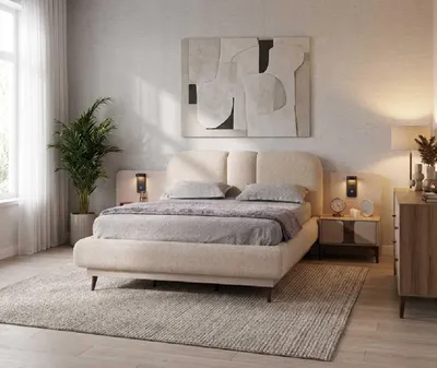 Obrázok produktu pre Sada do spálne v béžovej farbe, moderný luxusný dizajn: posteľ, nočné stolíky