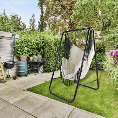 Produktbild von Hängesessel mit Gestell und Kissen 100 kg Indoor Outdoor Hängestuhl mit stabilem Gestell und Kissen, für Garten, Balkon, Wohnzimmer und Entspannung