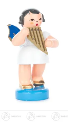 Produktbild von Engel mit Panflöte - Blaue Flügel - stehend (6cm) von Kunstgewerbe Uhlig