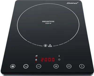 A black induction cooktop with a digital display and control buttons.