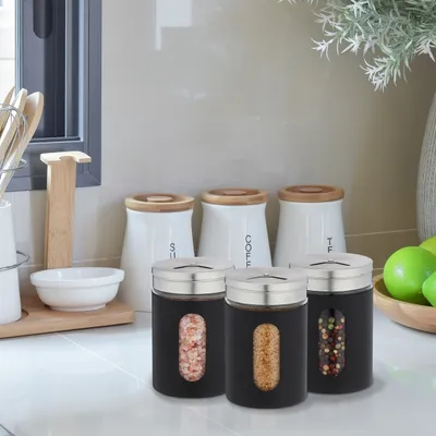 Produktbild von Relaxdays Gewürzstreuer, 6er Set, 3 Streugrößen, Gewürze & Kräuter, XL Gewürzgläser, 290 ml, Glas & Edelstahl, schwarz