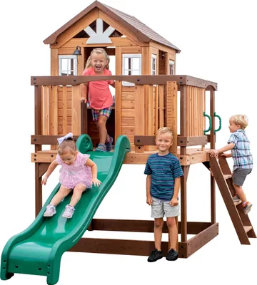 Produktbild von Backyard Discovery Spielhaus Echo Heights mit grüner Rutsche, Sandkasten & Veranda | Stelzenhaus in Braun aus Holz für Kinder | Spielturm für den Garten