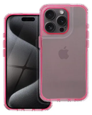 A pink and clear protective case for an iPhone.