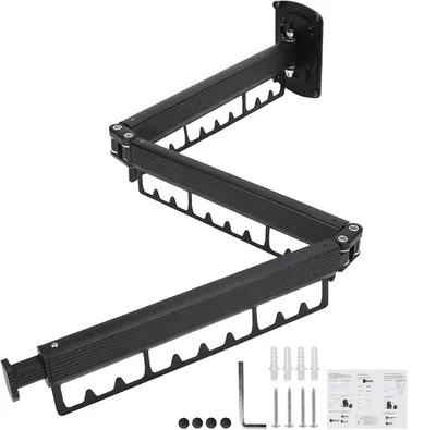 Produktbild von Ausziehbarer Wäscheständer - Wandmontage, Klappbar, für Balkon, Badezimmer, Schlafzimmer, DREI Falten, Schwarz