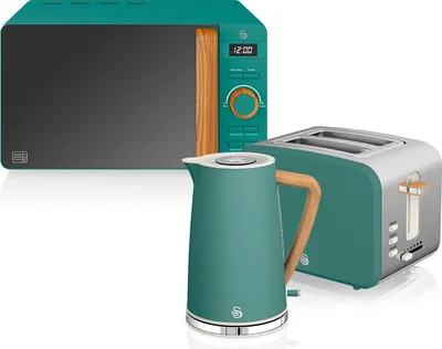 A set of kitchen appliances including a microwave, kettle, and toaster, displayed on a white background.