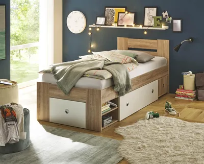 Produktbild von Jugendbett STEFAN Sonoma Eiche Weiß mit 1 Nachtkommode und 2 Bettschubkästen
