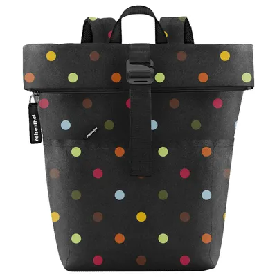 A black backpack with colorful polka dots.