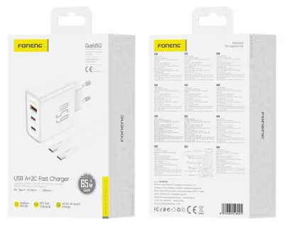 Zdjęcie produktu dla Foneng Ładowarka Sieciowa Gan50-Eu Gan Pd 65W 2Xusb-C + 1Xusb Qc3.0 + Kabel Usb-C - Usb-C Biały