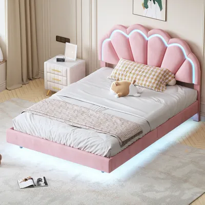 Obrázek produktu pro MODFU dětská čalouněná postel 140×200 cm s LED osvětlením, postel pro mládež dvoulůžko s čelem ve tvaru květu (bez matrace), sametová látka růžová