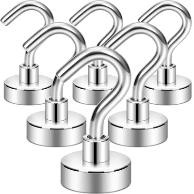Produktbild von Magnethaken - Mit Neodym-Magnet und 11 kg Tragkraft - Zur Befestigung von Kleidung und Gegenständen - Silber - 6er-Pack