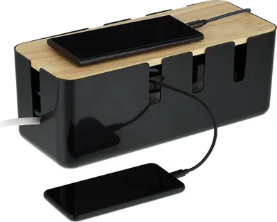 Image de Boîtier de rangement pour câbles Relaxdays, pour 2 multiprises, couvercle en bois, plastique, pour dissimuler les câbles, D x L x H : 11,5 x 30,5 x 12,5 cm, noir