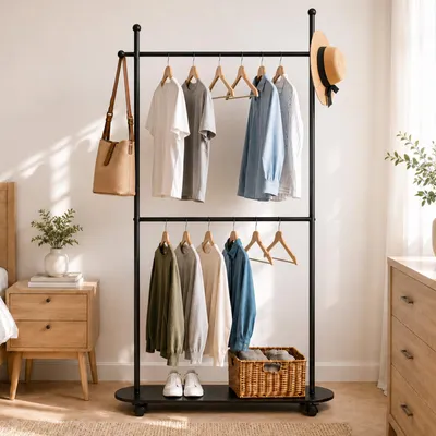 Produktbild von Kleiderständer auf Rollen – Garderobenständer mit Doppelstange & 360° Rollen, Freistehender Rollgarderobe für Schlafzimmer Flur Wohnzimmer
