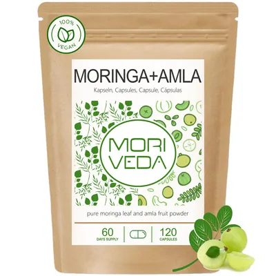 Produktbild von Moringa+Amla Kapseln I Immunsystem & Energie I Moringa Oleifera Blattpulver & natürliches Vitamin C aus Amla (Amalaki) I vegan I 120Stk. von Moriveda