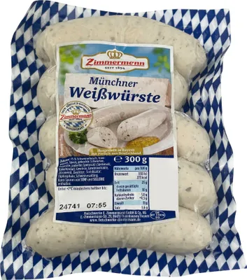Produktbild von Food-United Weißwürste Packung, Münchner-Weißwürste aus Bayern von ZIMMERMANN Fleischwerke, Brühwürste passend für Brotzeit und Bier, mit Petersilie Muskatblüte Zitronennote