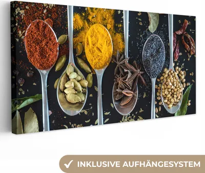 Produktbild von MuchoWow® - Leinwandbilder - Gewürze - Löffel - Schwarz - Küche, Wandbild, Wanddeko Bilder Wohnzimmer, 80x40 cm