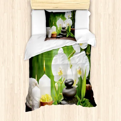 Produktbild von ABAKUHAUS Spa Mantele, Steine und Orchideen, Milbensicher Allergiker geeignet mit Kissenbezügen, 135 cm x 200 cm - 80 x 80 cm, Weiß Grün und Schwarz