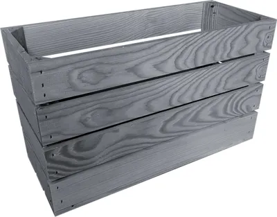 A gray wooden crate is shown against a white background.