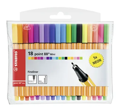 Zdjęcie produktu dla STABILO point 88 Fineliner Mini - 0,4 mm - zestaw 18 - 13 kolorów standardowych + 5 kolorów neonowych