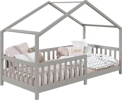 Produktbild von Hausbett LISAN aus massiver Kiefer in grau, schönes Montessori Bett in 90 x 200 cm, stabiles Kinderbett mit Rausfallschutz und Dach