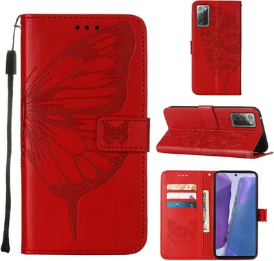 Produktbild von Galaxy Note 20 4G Hülle, Schmetterling Prägung Flip Leder Kartenfächer Schutzhülle Ledertasche mit Ständer für Samsung Galaxy Note 20 4G / 5G Rot
