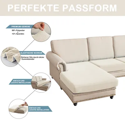 Obrázok produktu pre Poťah pohovky žakárový károvaný Pohovka v tvare L s 2 samostatnými sedadlami a 1 lehátkom, poťah pohovky elastický protišmykový, poťah vankúša elastický béžový