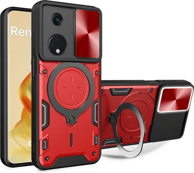 Produktbild von Handyhülle für Oppo Reno8 T 5G Dual-Layer Stoßfest Rüstung Hülle mit Dia Kameraschutz und Kreisförmig Ring Ständer Rot