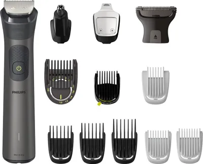A collection of grooming attachments and a trimmer are displayed against a white background.