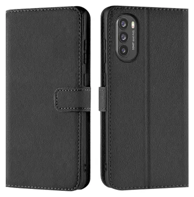 A black leather flip case for a smartphone is shown from the front and back.