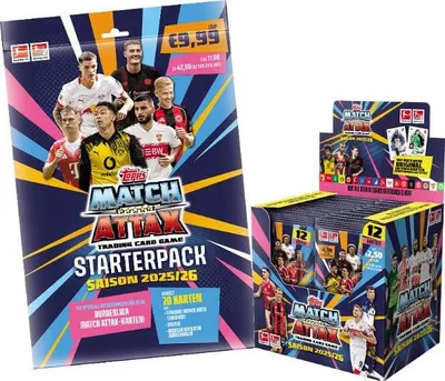 A Topps Match Attax Bundesliga 2025/2026 starter pack and a display box of trading card packs.