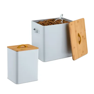 Produktbild von Relaxdays Futterbox, 2er Set, 2 Größen, mit Deckel & Löffel, Bambus, Eisen, Aufbewahrungsbox Trockenfutter, weiß/natur