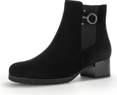 A black suede ankle boot with a silver buckle detail and a block heel, shown from the side against a white background.