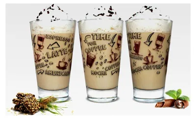 Produktbild von 6 Latte Macchiato Gläser 310 ml Kaffeegläser Trinkgläser Teegläser mit Kaffee-Druck