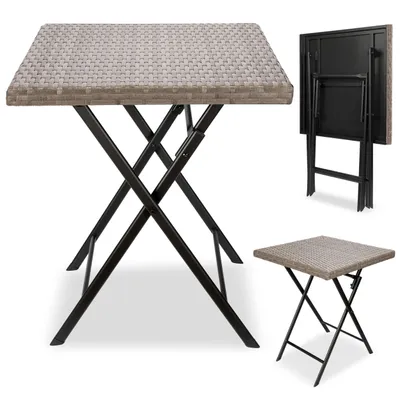 A square folding table with a woven textured top and black metal legs, shown from multiple angles.