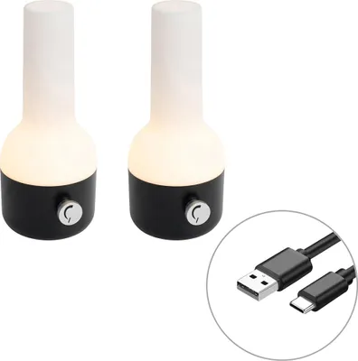 Produktbild von Set mit 2 Outdoor Tischleuchten Schwarz mit Weiß inkl wiederaufladbaren LED Haard
