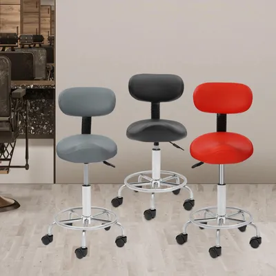 Imagen del producto de Taburete giratorio con asiento en forma de sillín y respaldo, altura ajustable de 45 a 59 cm, fabricado en poliuretano y acero
