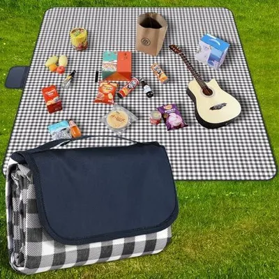 Produktbild von Picknickdecke 200 cm x 200 cm, wasserdicht, Stranddecke, Picknick-Matte, waschbar, leicht, mit Griff, marineblaues Karo, für Wandern, Reisen, Outdoor, Camping, Parks