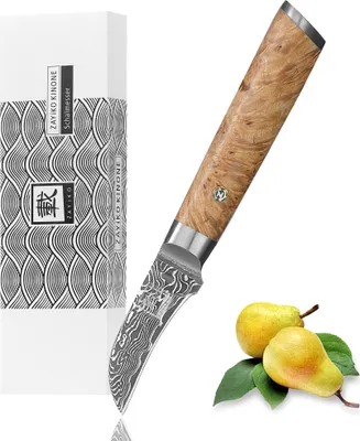 Produktbild von Zayiko Kinone Damast Schälmesser I 6 cm Klinge I Wurzelholzgriff Birke