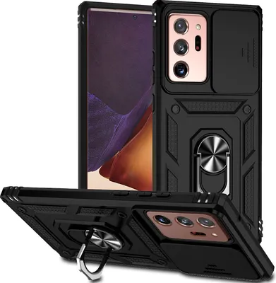 Immagine prodotto di Custodia per Samsung Galaxy Note 20 Ultra 5G a doppio strato con copertura scorrevole della fotocamera e supporto ad anello nero