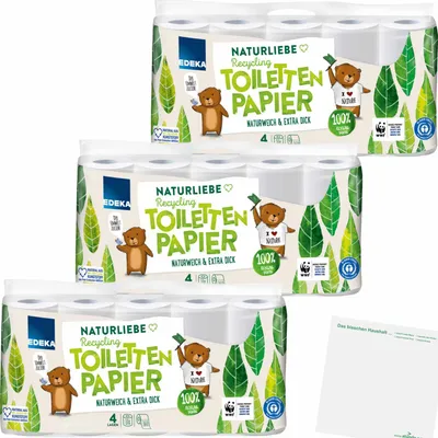 Produktbild von Edeka Recycling Toilettenpapier 4-lagig 3er Pack (30 Rollen x 200 Blatt) + usy Block