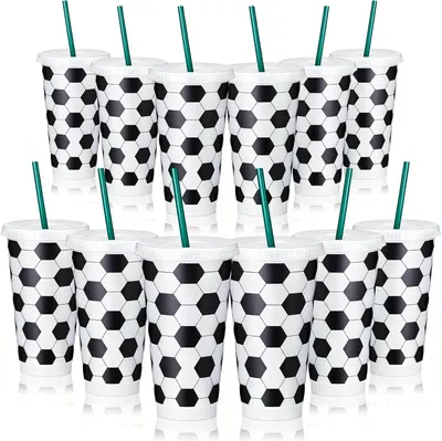 Produktbild von 12-teiliges Set Fußballbecher 710 ml mit Deckel und Strohhalm, wiederverwendbare Tumbler für Feiern, BPA-frei und spülmaschinenfest