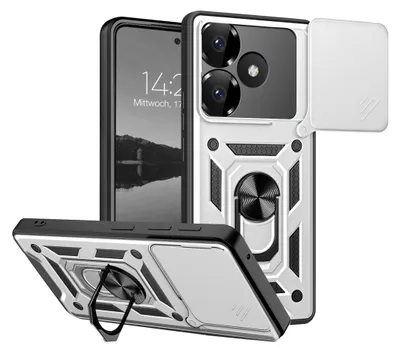 A silver and black rugged phone case with a camera cover and a ring stand, shown from multiple angles.