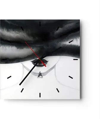 Produktbild von Wanduhr - Quadrat - Glasuhr - Frau Hut Schwarzweiß - 40x40cm - Schleichendes Uhrwerk - Lautlos - zum Aufhängen bereit - Dekoration Modern - Wanddekoration aus Glas - C3AC40x40-4301