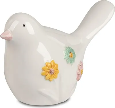 Produktbild von Dekofigur Vogel Blumen H. 10cm weiß bunt aus Keramik handbemalt Formano F26