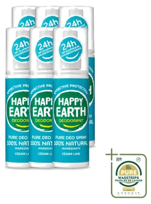 Imagen del producto de 6 aerosoles desodorantes Happy Earth, aroma a cedro y lima, 100 ml cada uno. Paquete de 6 unidades
