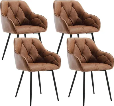 Four brown upholstered dining chairs with black metal legs are arranged in a grid formation against a white background.