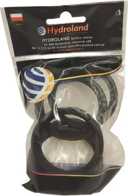 A plastic bag containing black rubber rings, with the brand logo and company information printed on the top.