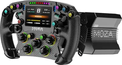 A racing steering wheel and its base unit are shown against a light gray background.